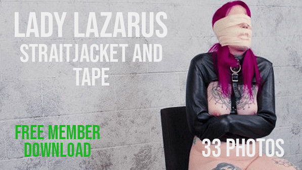 Photo Set: Lady Lazarus Leather Straitjacket, Tape Gag and Blindfold