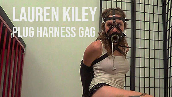 Lauren Kiley Bound and Gagged in Leather Armbinder with Full Face Plug Harness Gag